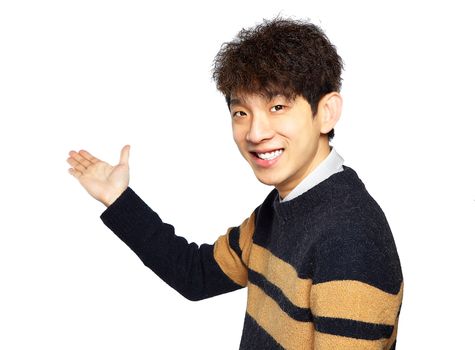 Asian young business man hold show open empty palm, happy smile, concept of advertisement product, empty copy space wear sweaters isolated over white background