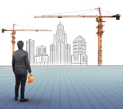 engineering man holding safety helmet standing in front of  modern building sketching with  crane construction site 