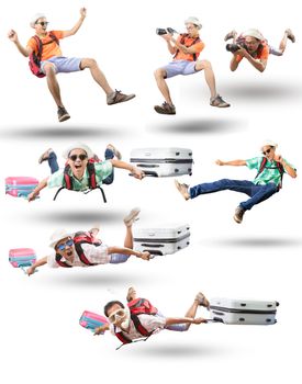 mixed acting of floating man action isolated white background traveling and leisure activities theme