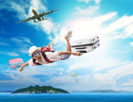 young man flying from passenger plane to natural destination island on blue ocean with happiness face emotion use for people traveling on vacation holiday in summer season 