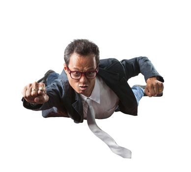 business man with funny face flying isolated white background