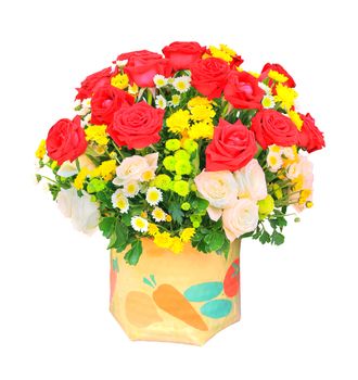 red and white roses flowers bouquet and yellow tulip in bucket isolated white background use for home decoration 