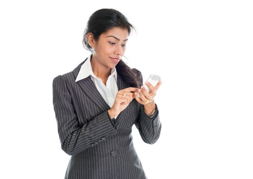 Black business woman using smartphone, texting and smiling, isolated on white background.