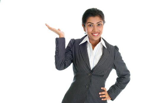 Black business woman in formalwear hand showing something, isolated on white background.