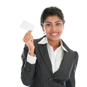 Black businesswoman shows a blank business card for marketing, Asian woman smiling happy isolated on white.