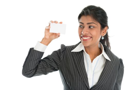 Black businesswoman hand holding a blank business card for marketing, Asian woman smiling happy isolated on white background.