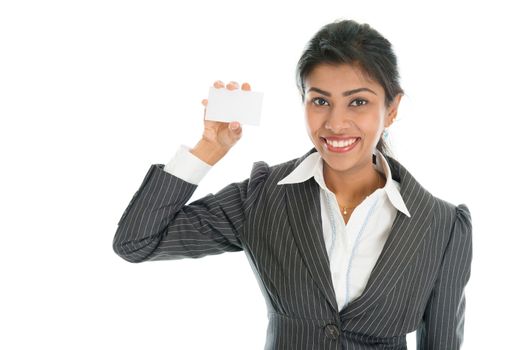 Black businesswoman showing a blank business card for marketing, Asian woman smiling happy isolated on white background.