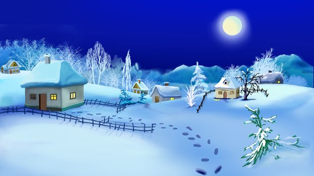 Christmas Night in Old Traditional Ukrainian Village.   Handmade illustration in a classic cartoon style.