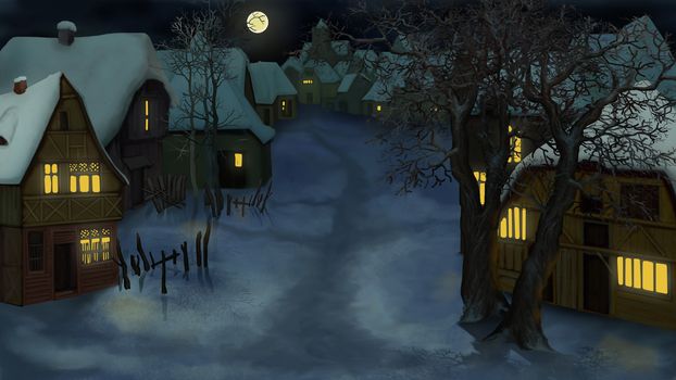 Winter Landscape of Old Dutch Village at dark Night. Handmade illustration in a classic cartoon style.