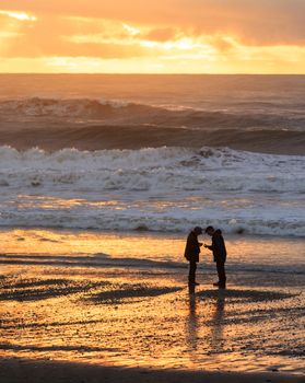 silhouette of man and woman on the beach at dusk