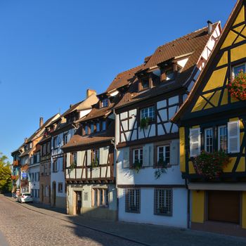 Colorful traditional french houses on the side of river Lauch in Petite Venise, Colmar, France