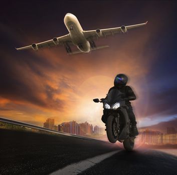 young man riding motorcycle on asphalt highways road with high speed and jet plane flying over sky  