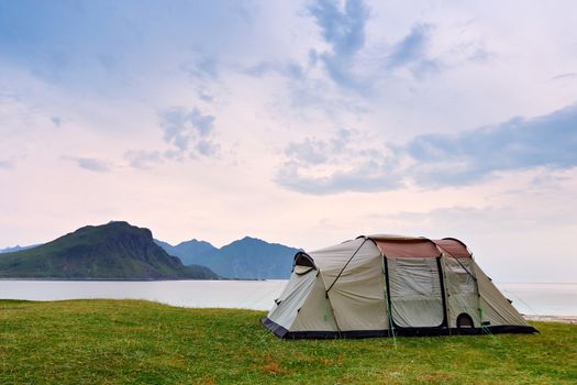 Camping on the ocean coast. Vacation in Norway, Lofoten islands