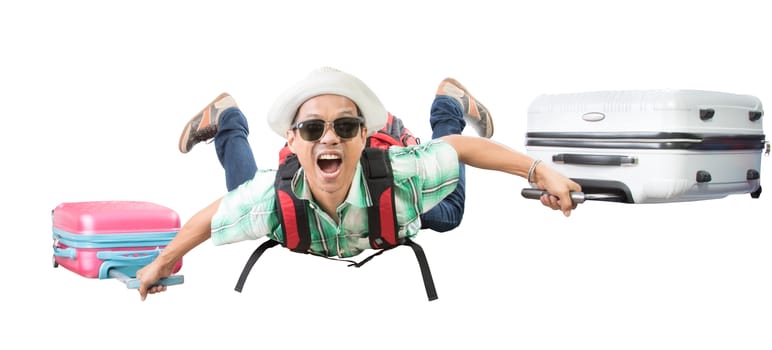asian man holding traveling luggage isolate