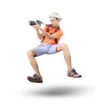 portrait face of young man take a photography by dslr camera floating mid air isolated white background