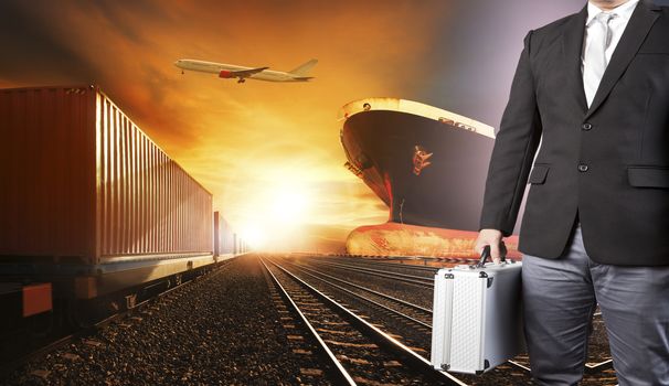 investor business man and container trains ,commercial ship on port freight cargo plane flying above use for logistic and transportation industry background 