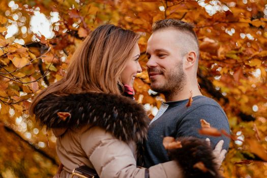 Portrait of a beautiful young couple in sunny forest in autumn colors. They are at embraced.