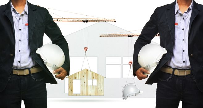 architect and construction crane lifting home and safety helmet on white background use for construction industry and residence real estate land development