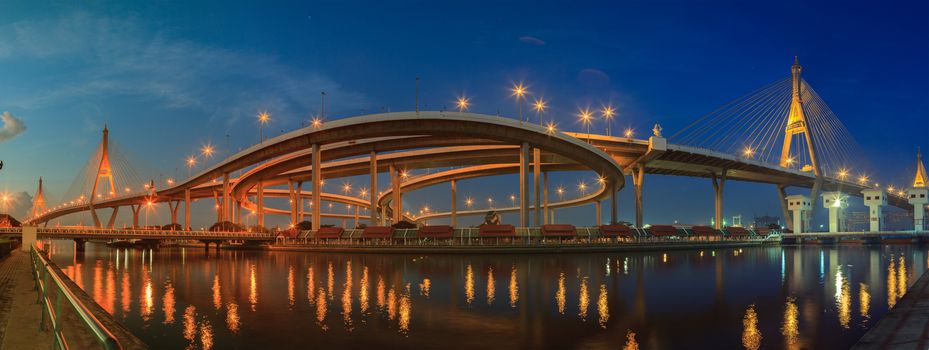 panorama view of bhumiphol bridge important landmark and transport,traffic construction bridge crossing chaopraya river in bangkok thailand capital