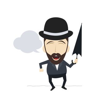 fun guy with umbrella and bowl hat vector art illustration