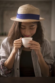 beautiful asian woman and hot coffee cup happiness smiling face 