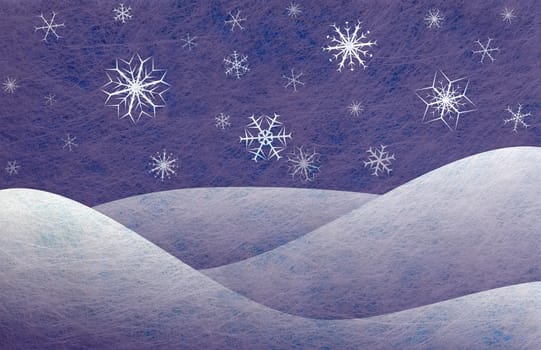 Winter scene with snowy mountains and snowflakes, christmas card
