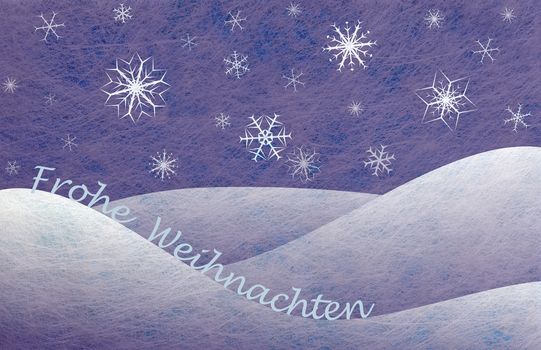 Winter scene with snowy mountains and snowflakes and the german words for Merry Christmas, christmas card