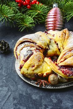 tray of baked Christmas baking background with Christmas tree and decorations