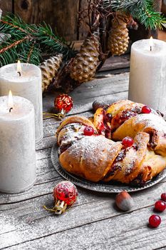 tray of baked Christmas baking background with Christmas tree and decorations