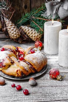 tray of baked Christmas baking background with Christmas tree and decorations