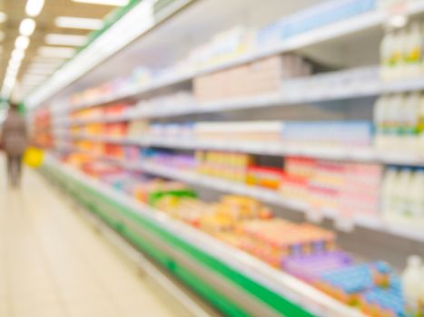 Defocused blur of supermarket shelves with dairy products. Blur background with bokeh. Defocused image