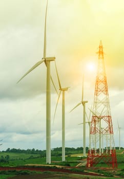 wind mill turbine in electric generating farm land 