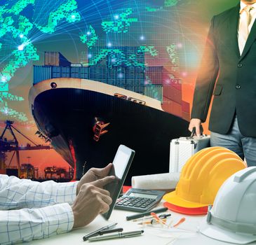 working man and investor against container ship in port use for import export freight cargo and logistic business