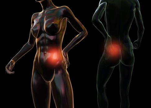 Female woman torso made of glass or bubble, pain in the back isolated on black background. 3d rendered medical illustration.