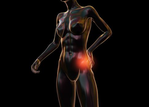 Female woman torso made of glass or bubble, pain in the back isolated on black background. 3d rendered medical illustration.