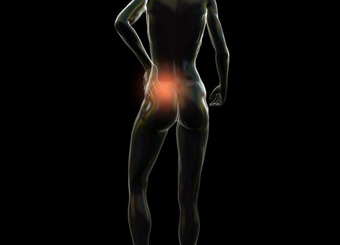 Female woman torso made of glass or bubble, pain in the back isolated on black background. 3d rendered medical illustration.