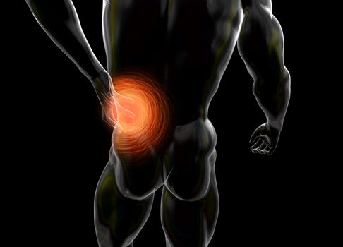 Male torso made of glass or bubble, pain in the back isolated on black background. 3d rendered medical illustration.