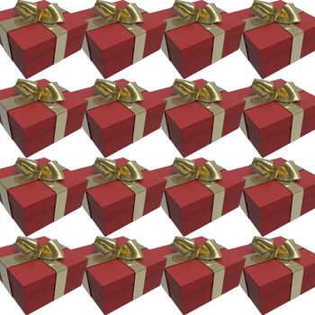 Colorful and striped red boxes with gifts tied bows on white background. 3d illustration seamless pattern background.