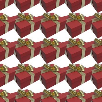 Colorful and striped red boxes with gifts tied bows on white background. 3d illustration seamless pattern background.