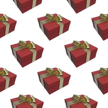 Colorful and striped red boxes with gifts tied bows on white background. 3d illustration seamless pattern background.