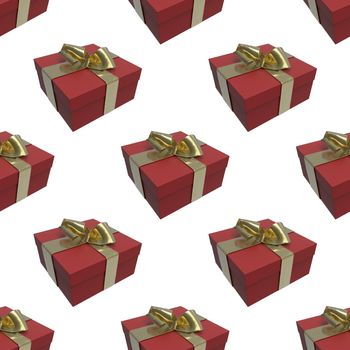 Colorful and striped red boxes with gifts tied bows on white background. 3d illustration seamless pattern background.