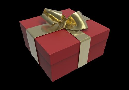 Striped red Present box with gifts tied golden bow on black background. 3d illustration.