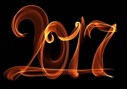 Happy new year 2017 isolated numbers lettering written with fire flame or smoke on black background.