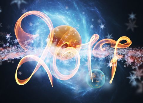Happy new year 2017 numbers lettering written with fire flame or smoke on bright space background with planet.