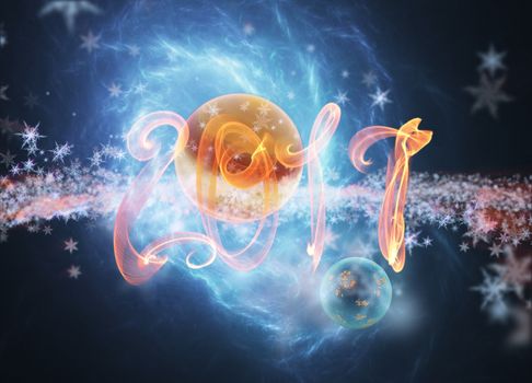 Happy new year 2017 numbers lettering written with fire flame or smoke on bright space background with planet.