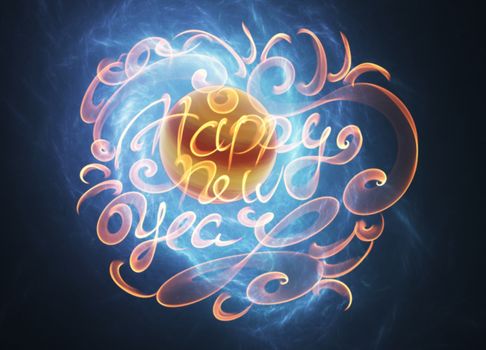Happy new year words lettering written with fire flame or smoke on bright space background with planet.