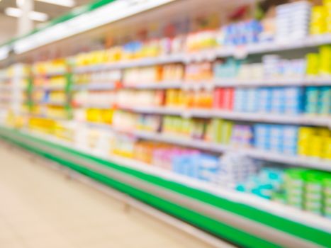 Defocused blur of supermarket shelves with dairy products. Blur background with bokeh. Defocused image