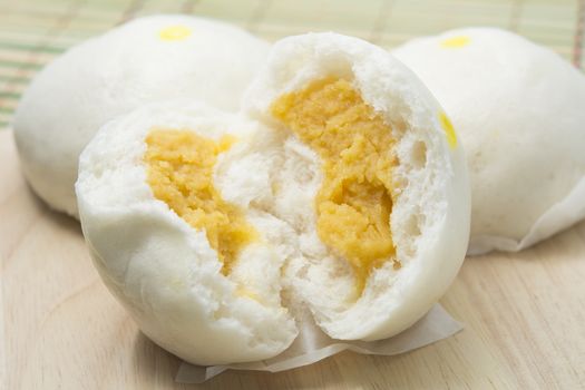 Closeup of inside Steamed Creamy Custard Bun