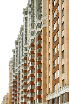 Close view on residental building in a new district Kudrovo in Saint-Petersburg city, Russia.