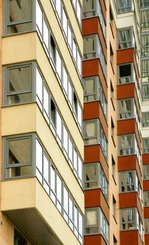 Close view on residental building in a new district Kudrovo in Saint-Petersburg city, Russia.